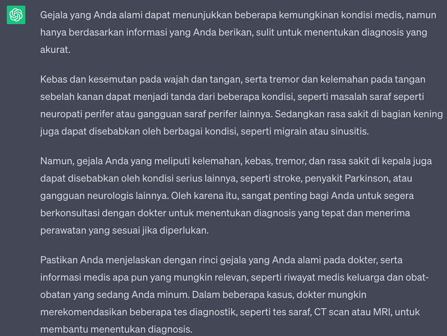 ChatGPT's explanation of numbness and tingling
