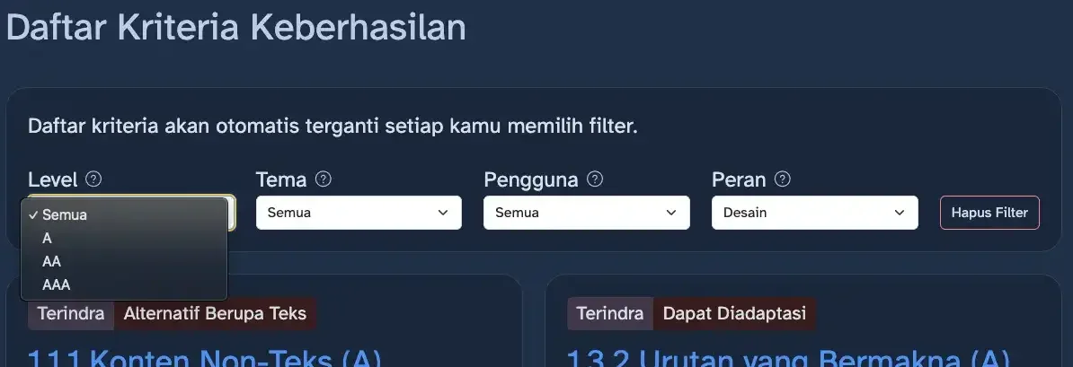 Fitur filter dengan 4 opsi: level WCAG, Tema, Pengguna, dan Peran