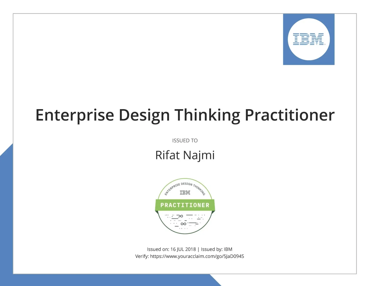 Sertifikat Enterprise Design Thinking atas nama Rifat Najmi