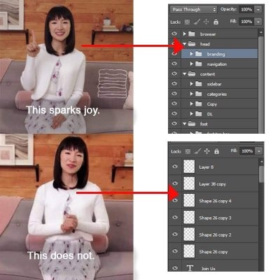 Marie Kondo commenting on Photoshop layers: This doesn't spark joy