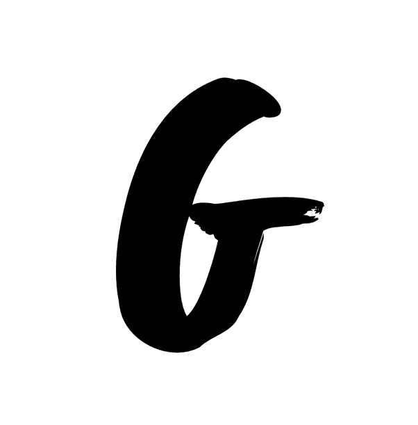 Huruf G dengan gaya tulisan tangan menggunakan torehan kuas