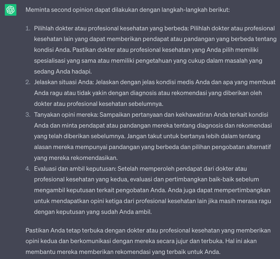 ChatGPT menjelaskan cara mencari second opinion