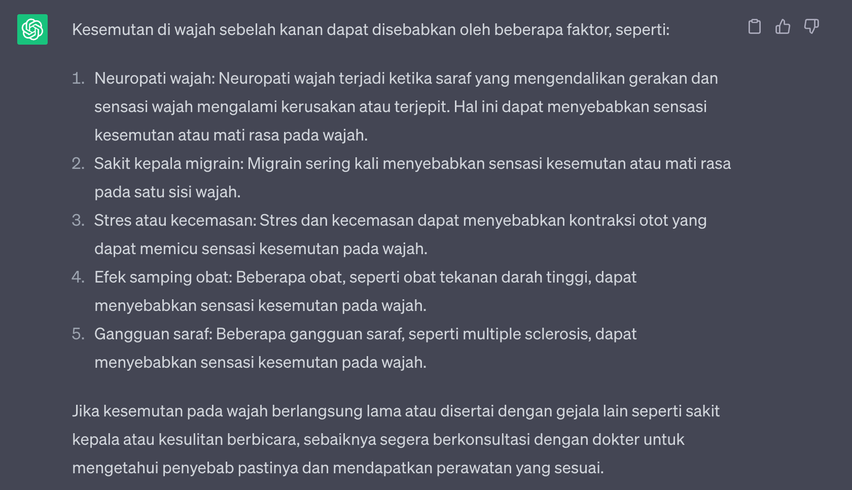 Penjelasan ChatGPT mengenai penyebab kesemutan di wajah