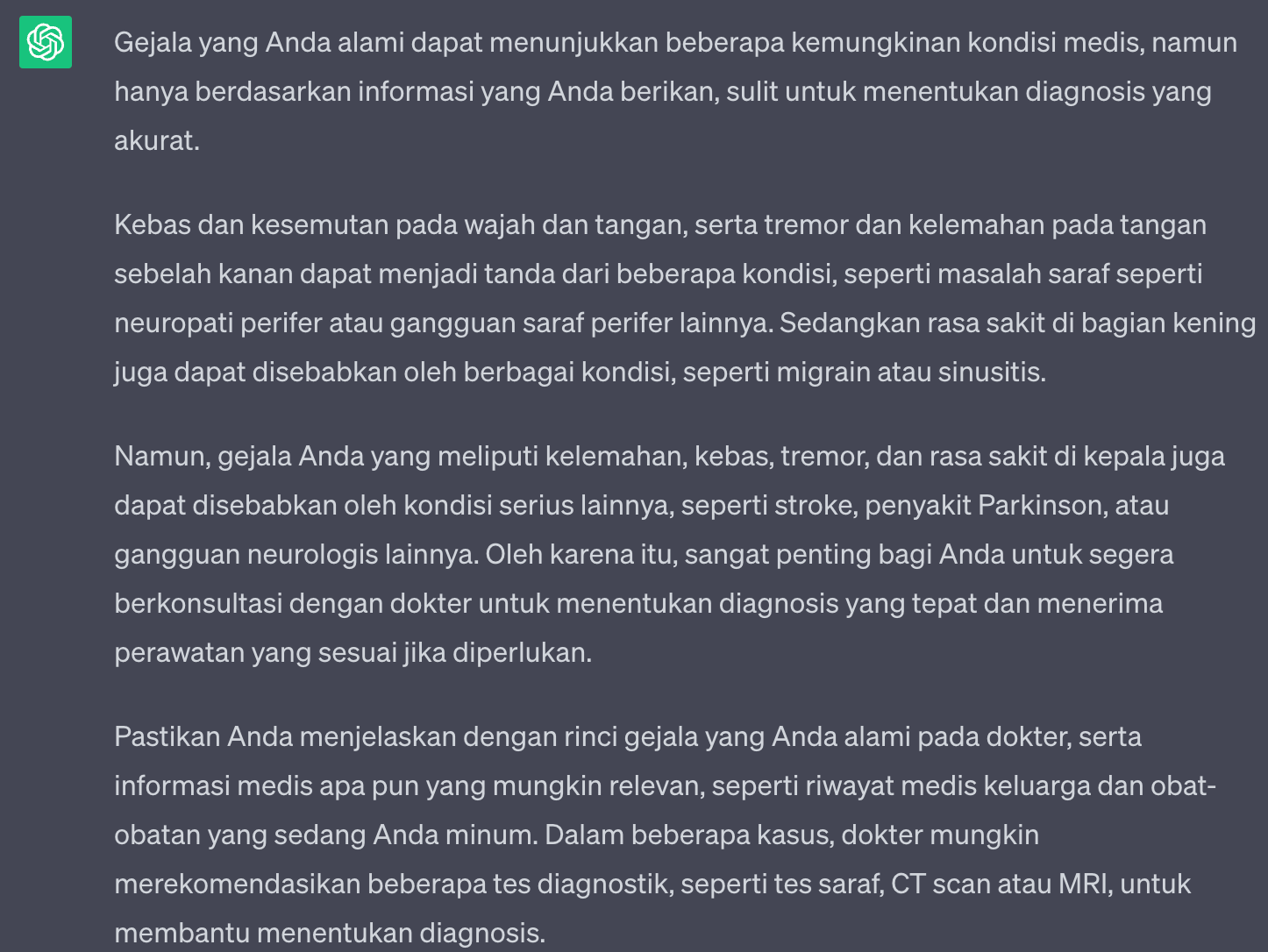 Penjelasan ChatGPT mengenai penyebab kelemahan, kebas, dan tremor