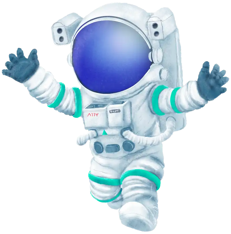 Astronaut in a spacesuit floats above a planet in deep blue space.