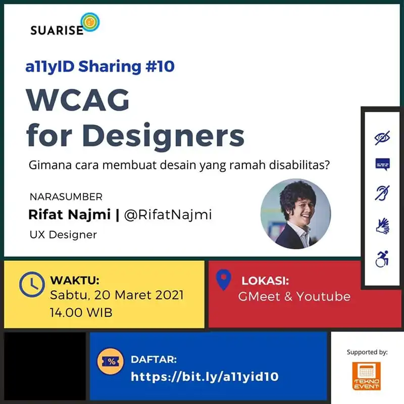 Rifat, speaker at WCAG for Designers online seminar by Suarise, 30 Mar 2021.